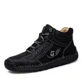 Handmade black mid-top casual leather shoes for men featuring unique decorative stitching - 38 / Dark Brown
