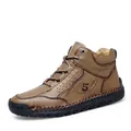 Professional men's handmade mid-cut brown leather casual shoes with hand-stitched sole - 38 / Khaki