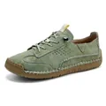 Comfortable hand-stitched green leather casual shoes with durable tan rubber sole - 36 / Green