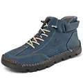 Langlebige blaue Herren-Freizeitstiefel aus Leder mit handgenähter Sohle und Klettverschluss - Blau