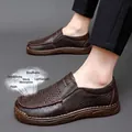 Breathable brown leather loafers for men featuring perforated design and slip-on style - 38 / Hollow Out Style (82208) / Brown
