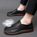 Men's black casual leather loafers with breathable laser-cut holes and rubber sole - 38 / Hollow Out Casual Style (82208) / Black