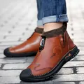 Men's brown slip-on casual leather shoes with hand-stitched details - 38 / Reddish Brown (Plus Fleece)
