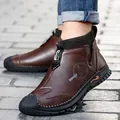 Men's stylish brown leather casual slip-on shoes with hand-stitched detailing and sock collar - 38 / Dark Brown Fleece Lined
