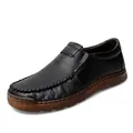 Premium men's casual black leather slip-on loafers with a durable brown soft sole - 38 / Business Casual Style (82208) / Black