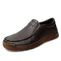 Men's casual soft leather slip-on loafers in dark brown finish with textured grain - 38 / Slip-On Casual Loafers (82208) / Brown