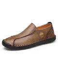 Mocassins décontractés pour hommes en cuir marron cousus main avec semelle en caoutchouc - 39 / Kaki