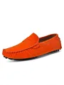 Classic men's suede driving loafers in bright orange with pebbled black rubber sole - 38 / Orange