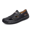 Stylish black leather outdoor casual sandals for men with breathable hollow design - 40 / Black