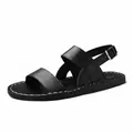Men's black flat Roman leather sandals with adjustable ankle strap and anti-slip sole - 38 / Black
