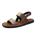 Men's classic brown leather Roman sandals featuring flat non-slip sole and buckle strap - 38 / Brown
