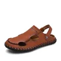 Premium heren sandalen van bruin leer met zachte antislip rubberen zool voor zomer - 38 / Roodbruin