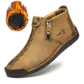 Handmade brown men's outdoor Martin boots with warm plush lining and side zipper - 38 / Plush Lined Style (9922) / Bag Packaging / Gold Yellow