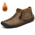 Brown handmade stitched men's leather Martin boots with side zipper and warm lining - 38 / Plush Lined Style (9922) / Bag Packaging / Khaki