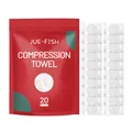 Detailed view of JUE-FISH red packaging and 20 individually wrapped white compression towels - Red Bagged / 20PCS