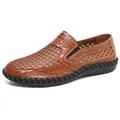 Brown men's hollow mesh casual loafers with crocodile texture and black rubber sole - 38 / Brown