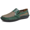 Breathable men's summer hollow mesh slip-on shoes in green and tan with rubber sole - Green
