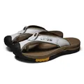 Premium men's white leather closed-toe flip-flops with brown non-slip rubber sole - 38 / White