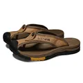 Premium brown leather men's flip-flops with protective rubber toe cap for beach wear - 38 / Khaki
