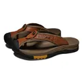 Men's brown top-grain leather closed-toe flip-flops with durable anti-slip sole - Tan