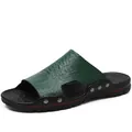 Men's casual green crocodile texture slide sandals featuring silver side studs and anti-slip sole - 38 / Bag Packaging / Green