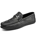 Mocasines de cuero genuino negro para hombre con textura de cocodrilo y hebilla - 37 / Mocasines con Hebilla de Metal Patrón Cocodrilo (Jiu Tou Niu Zapatos YQ9809) / Negro