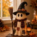 Close-up of Halloween ghost monster decoration with lantern and broom, textured detail - Ghost Style A (Witch Hat)