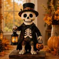 Detailed view of a Halloween skeleton monster figurine holding a lantern decoration - Skull Pattern