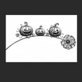 Black and white sketch of three Halloween jack-o-lanterns sitting on a curved vine - Halloween Pumpkin Garden Stake