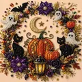 Aufwendiges Halloween Geist Perlenkunst DIY Set mit orangefarbenen Kürbissen und Katzen - Design A Kürbis