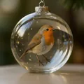 Close-up of a robin bird inside a clear glass ornament with delicate gold star patterns. - Robin Bird