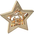 Hölzernes Stern-Weihnachtsornament mit warmen LED-Lichtern und einer Krippenszene - Krippe Silhouettenstern (Stil 5)