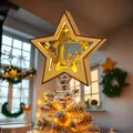 Hölzerne Stern-Christbaumspitze mit Krippe und warmgelben LED-Lichtern - Engel und Heilige Familie Stern (Stil 6)
