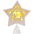 Eleganter hölzerner Weihnachtsbaumstern mit Krippenmotiv und warmgelben LED-Lichtern - Weißer Stern Krippenszene (Stil 9)