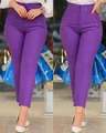 Detail view of slim fit purple high-waisted pleated suit trousers with zipper. - Purple