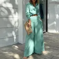 Elegant mint green two-piece set featuring a lapel shirt and wide-leg pants for women - S / Top And Bottom / Emerald Green