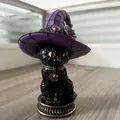 Gothic black cat figurine wearing purple witch hat for Halloween decor - Witch Cat Hat Lamp / 18cm