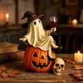 Statue de fantôme en résine avec verre de vin sur citrouille d'Halloween - Fantôme avec Verre de Vin