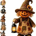Decorative wooden Halloween pumpkin monster figurine with a glowing lantern craft ornament - Pumpkin Scarecrow Style