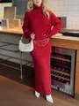 Elegant red wool blend turtleneck knit set with decorative gold chain belt accessory - M / Top And Bottom / Red
