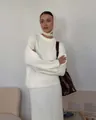 Model wearing a white ribbed knit sweater set with a matching headscarf and brown bag - M / Set / Milky White