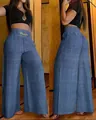 Pantalon large bleu à taille haute élégant avec tissu texturé vu de face et de profil - S / Bas / Bleu Denim