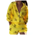 Close-up of vibrant yellow butterfly print two-piece set with a functional front zipper - 3XL / Top And Bottom / Yellow Butterfly Flower