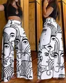 Pantalon large à taille haute pour femme avec motif abstrait de lignes de visage - Imprimé Fleur Blanche / S