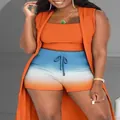 Women's 3-piece set with orange long vest, camisole and gradient shorts. - S / Set / Orange Red