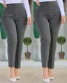 Side-by-side view of grey high-waisted cropped suit pants with slim fit details - Dark Gray