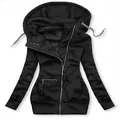 Front view of black slim-fit hoodie with asymmetrical zipper and striped drawstrings - S / Tops / Black