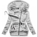 Detailed view of grey slim fit zip-up hooded sweatshirt with asymmetric zipper design - 3XL / Tops / Grey White
