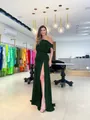Elegant dark green one-shoulder maxi dress with high slit and ruched waist detail for vacation. - S / Dresses / Sapphire Blue