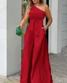 Elegant red one-shoulder wide-leg jumpsuit featuring a waist tie and practical side pockets - S / Set / Burgundy